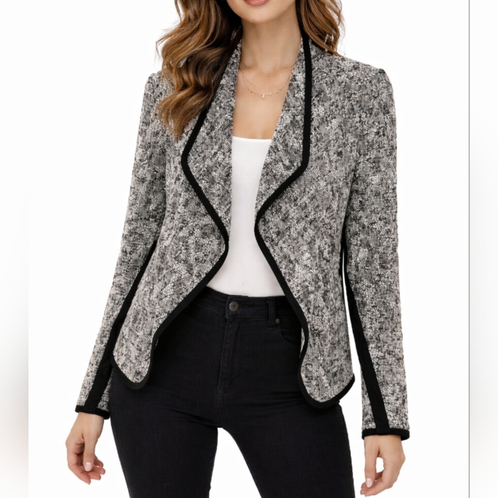 Vince Textured Boucle Open Front Jacket Black White 2